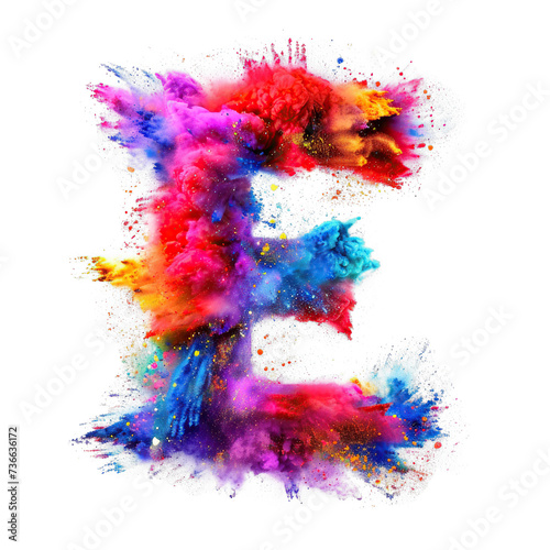 Multicolored powder Holi font explosion isolated on transparent background. Full color letter E. An explosion of color dust in high resolution. Festival clip art