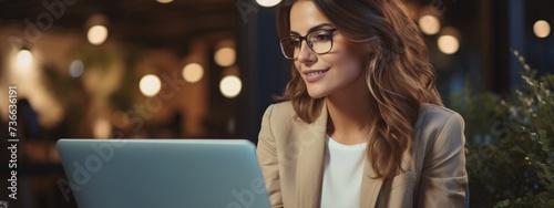 a woman wearing glasses and looking at a laptop