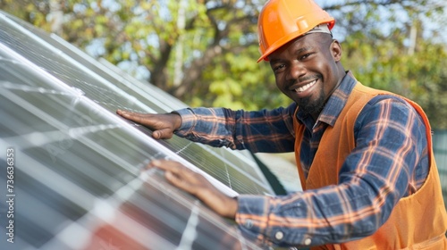 African American technician in hard hat and safety vest installs new solar panels with a smile, representing renewable energy and job satisfaction © EVGENIA