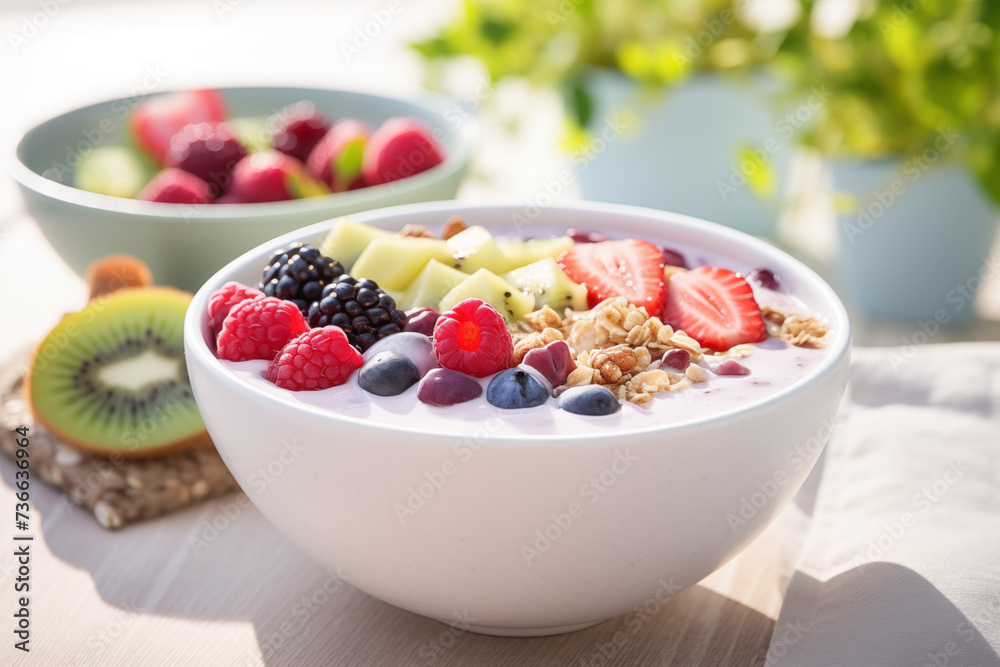 Close up of healthy breakfast bowl with muesli, blueberry smoothie and fruits. Generative AI Close up of healthy breakfast bowl with muesli, blueberry smoothie and fruits. Generative AI