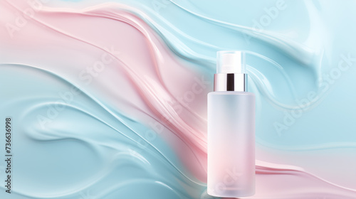 Bottle of moisturizer with slashes and waves on light pastel blue and pink background, hydrating face cream or lotion for skin care. Cosmetic mockup, space for text, Generative AI