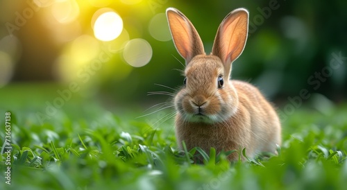 Beautiful Furry Easter Rabbit Bunny on Sunny Meadow. Bokeh Lights, Spring Garden, Traditional Easter Scene.
