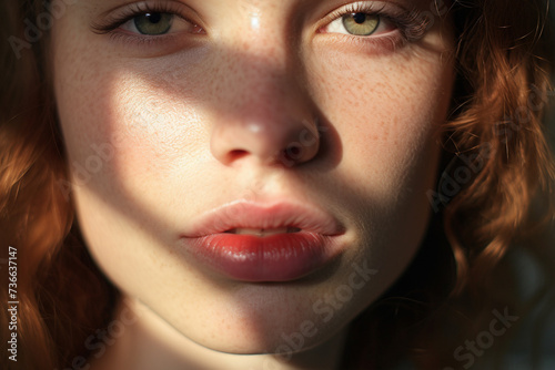 Extreme close up of a caucasian woman with striking Blue eyes and pouty lips. Face of beautiful caucasian woman. interplay of light and shadow. Dramatic composition. High quality photo