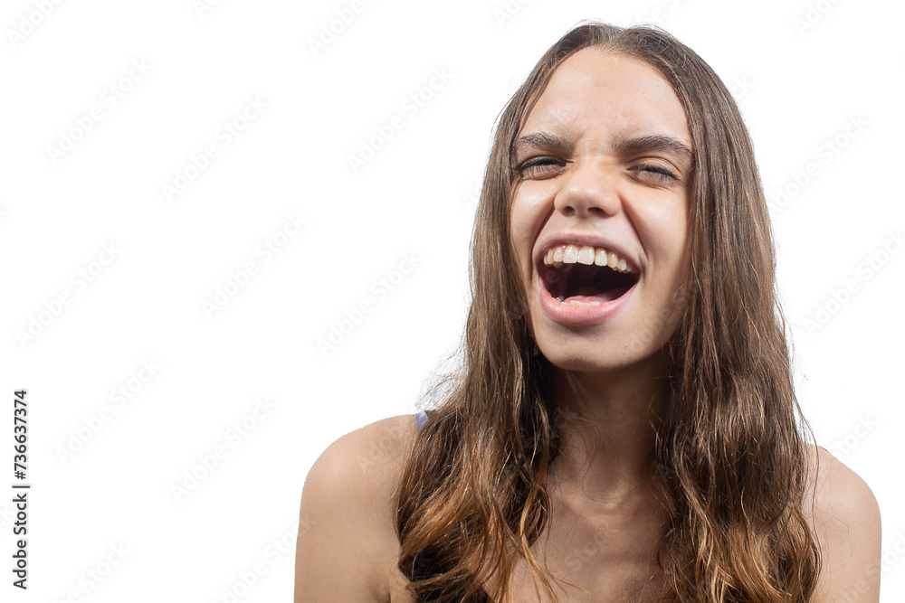 Portrait of a young blonde Latin American woman, laughing out loud Portrait of a young blonde Latin American woman, laughing out loud