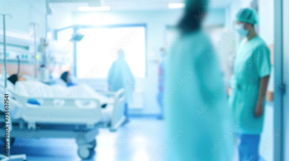 Obraz premium A hospital room filled with medical equipment and people, blurred defocused blue, white and cyan medical background.