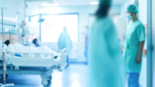 A hospital room filled with medical equipment and people, blurred defocused blue, white and cyan medical background.