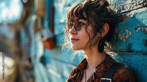 attractive woman leaning on the wall thoughtfully