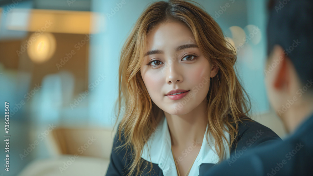 A businesswoman talking with colleagues in a meeting room A businesswoman talking with colleagues in a meeting room