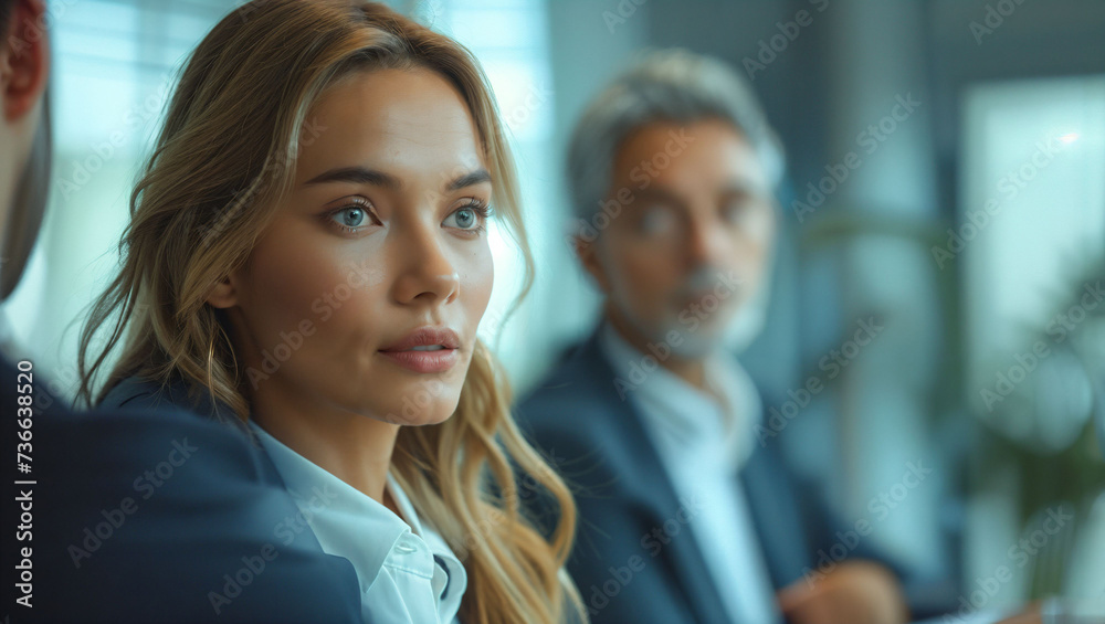A businesswoman talking with colleagues in a meeting room A businesswoman talking with colleagues in a meeting room