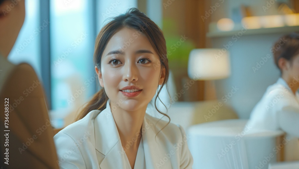 A businesswoman talking with colleagues in a meeting room A businesswoman talking with colleagues in a meeting room