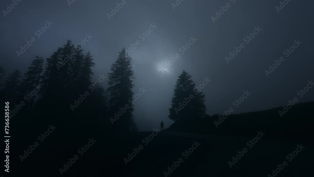 Silhouette of a hiker walking between 2 pine trees in a dark forest on a hill during a foggy night