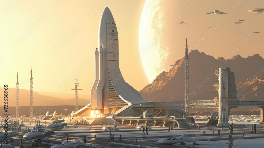 futuristic spaceport with spacecraft ready for launch, representing the future of human spaceflight on this important occasion - obrazy, fototapety, plakaty 