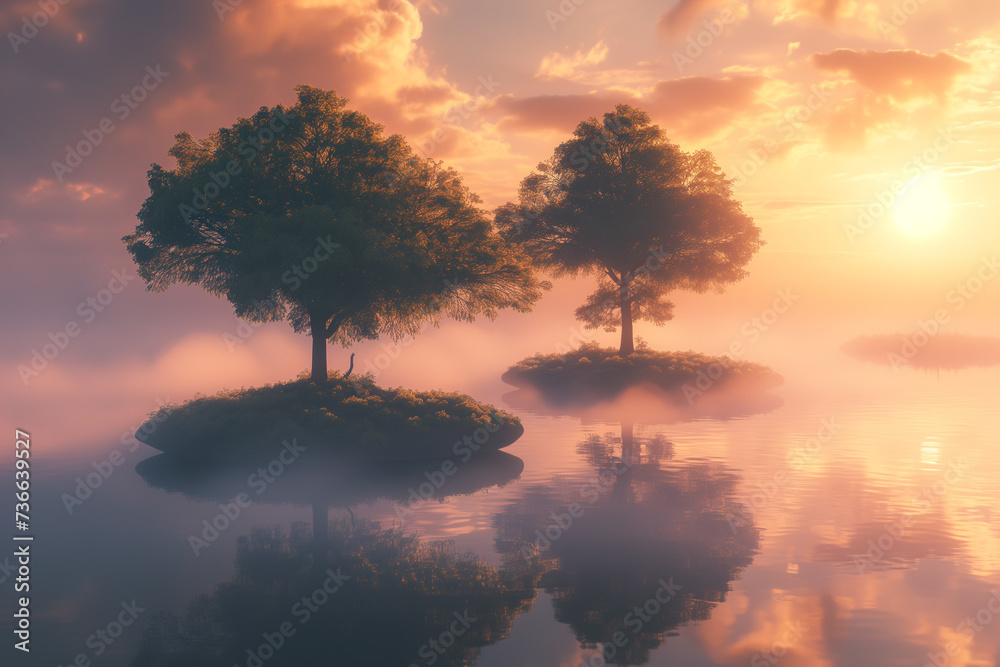 Fototapeta premium A tranquil sunrise over a misty lake with small, grassy islands and a lone tree reflecting on the water's surface.