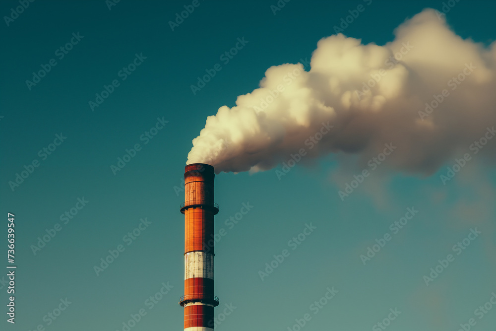 A tall smokestack releasing a thick plume of white smoke into the clear blue sky, symbolizing industrial pollution and environmental issues. A tall smokestack releasing a thick plume of white smoke into the clear blue sky, symbolizing industrial pollution and environmental issues.
