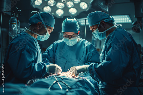 A focused surgical team works together during a surgery in the well-lit operating room, showcasing teamwork and precision.