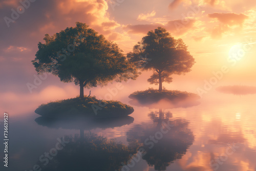 A tranquil sunrise over a misty lake with small, grassy islands and a lone tree reflecting on the water's surface.
