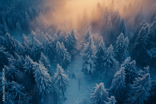 A breathtaking winter sunrise, casting a warm glow over a dense pine forest blanketed in snow, evoking a serene, mystical atmosphere.