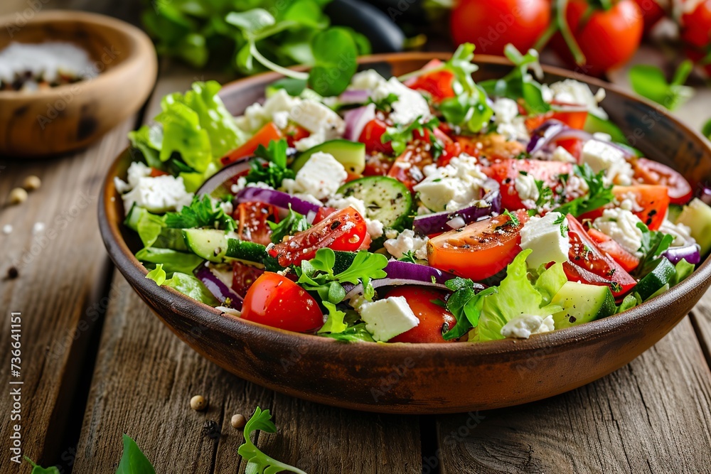Greek style vegetable salad with cheese on wood Greek style vegetable salad with cheese on wood