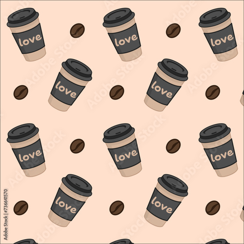 Vector seamless pattern, coffee and coffee beans, cute cozy pattern