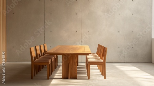 Minimalist dining room with a large wooden table against a gray concrete wall.