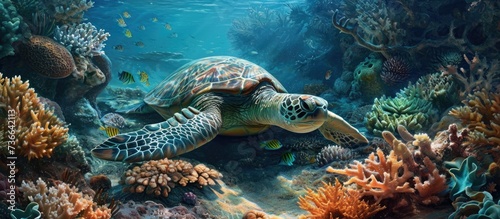 Green sea turtle rests in the ocean floor amidst corals.