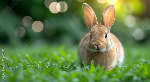 Beautiful Furry Easter Rabbit Bunny on Sunny Meadow. Bokeh Lights, Spring Garden, Traditional Easter Scene.