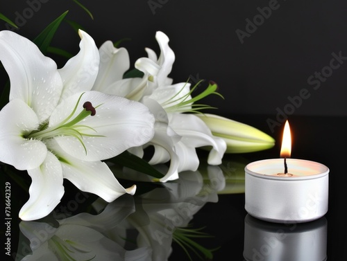 A candle and some white flowers on a table. Condolence funeral card with white lily flowers and a candle.