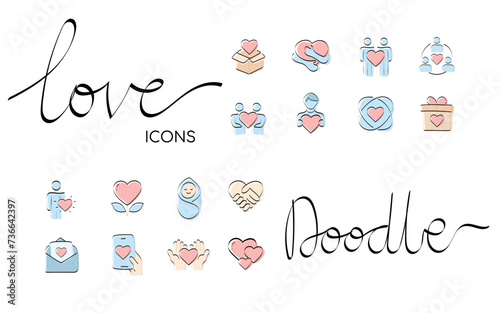 A heart. love. a symbol of love. red. guy. young woman. to stretch out. arm. valentine card. the icon. doodle. colored. vector. on a white background. flat. set
