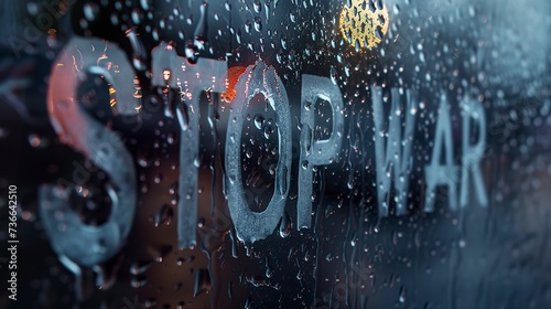 Close-up of a glass window covered in water droplets with the words "Stop War" written on the transparent surface. Words written on glass window with droplets and moisture.