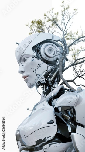 A close up of a robot with a tree in the background. Robot with a tree with leaves growing out of his body