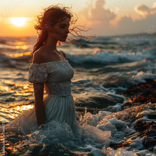 A vision of timeless allure: woman in intricate medieval Victorian garb. Graceful silhouette, adorned with authentic details, she embodies elegance of bygone eras, a living portrait of regal beauty. © Ruslan Batiuk