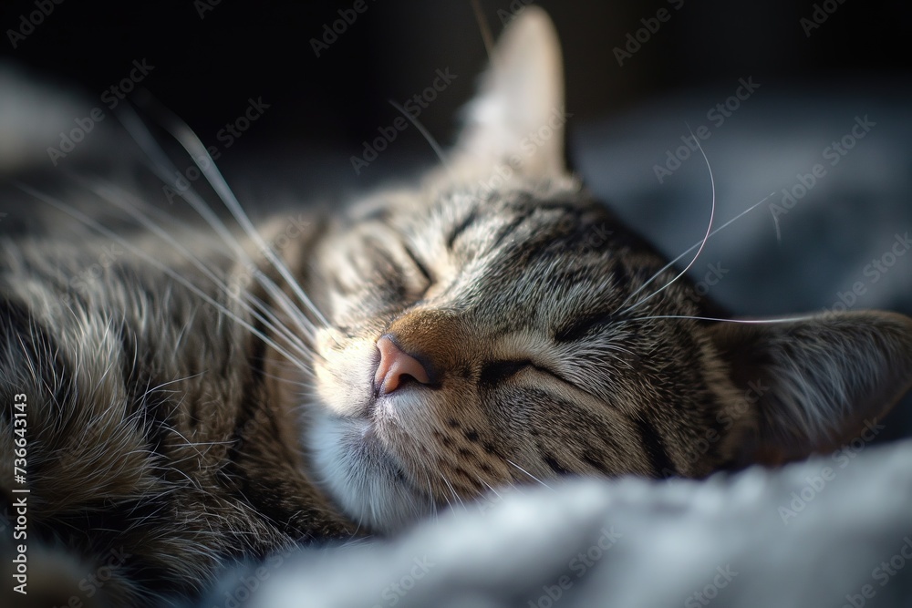 A close up photo of a cat peacefully sleeping on a bed.