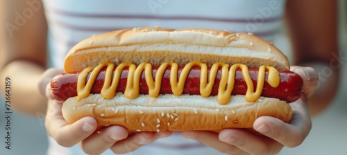 Close up shot of man selling hotdog in busy city street with copy space for text photo