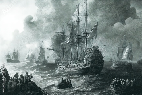 An old engraving depicting ships sailing in the ocean as people observe.