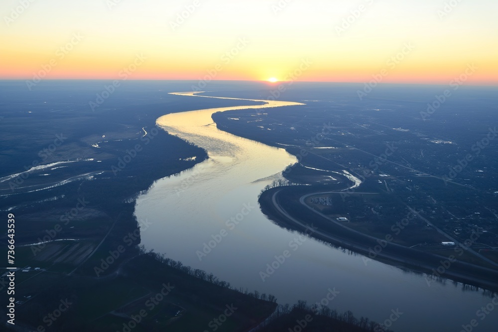 An aerial view of the confluence of the Mississippi River and the Ohio River at sunset, showcasing the merging of two powerful water bodies. An aerial view of the confluence of the Mississippi River and the Ohio River at sunset, showcasing the merging of two powerful water bodies.