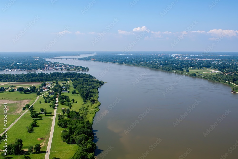 An image showcasing the merging of the Mississippi River and Ohio River as they flow through lush green fields.