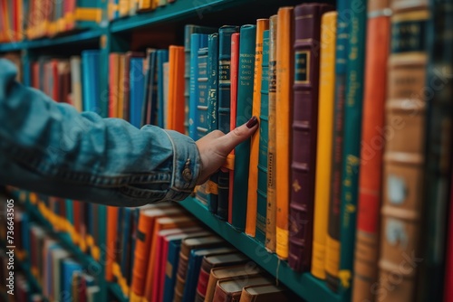 A person carefully selects a book from a bookshelf in a library.