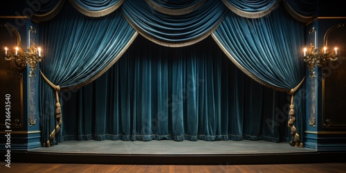 a blue curtain with gold trim