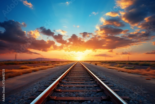 a train tracks leading to the sunset
