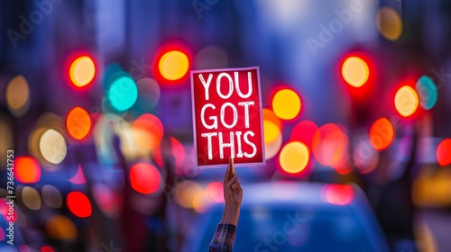 Motivational concept with woman holding sign saying  you got this  on abstract blurred background