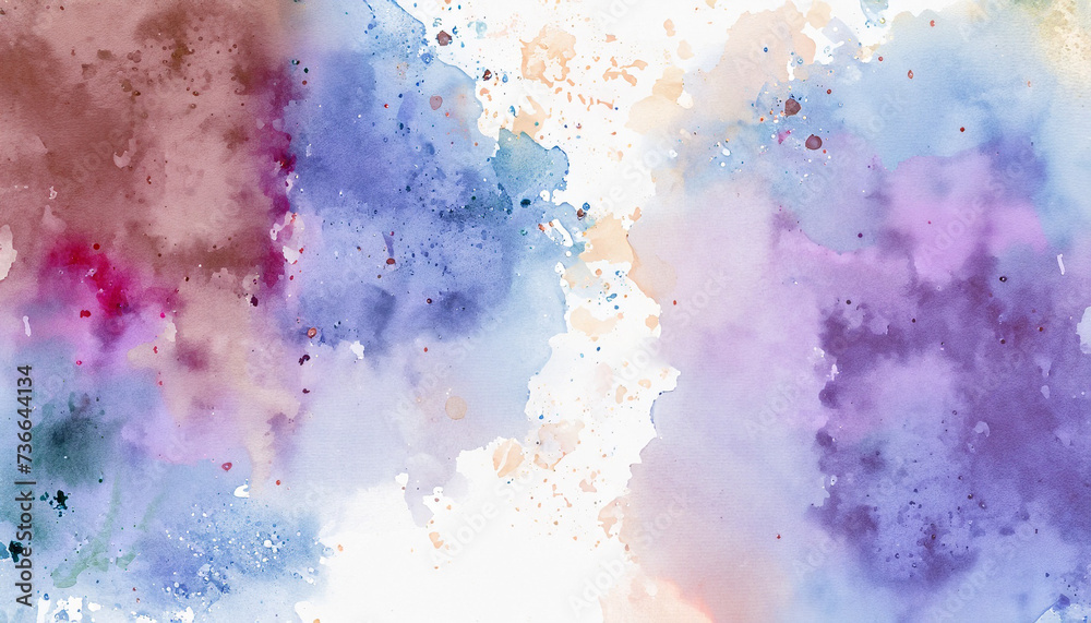Watercolor painted background with blots and splatters. Brush stroked painting. wall; mixed paints template design