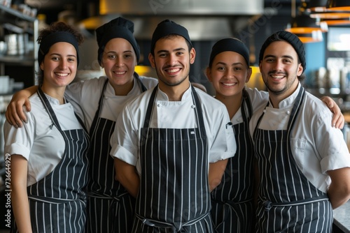 Group of Smiling Chefs in Whites and Striped Aprons Standing Together in a Restaurant Kitchen