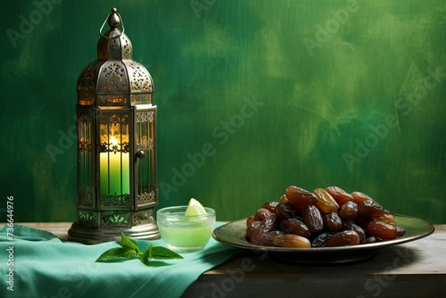 a plate of dates and a traditional Islamic lantern, green background , copy space - generative ai