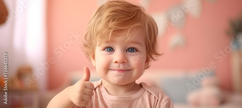 Cheerful toddler showing approval with thumbs up on pastel background, copy space