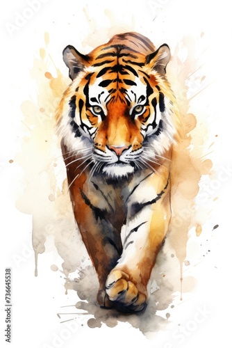 watercolor tiger drawing with paints. art illustration of a wild animal on a white background. drops and splashes.