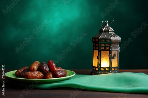 a plate of dates and a traditional Islamic lantern, green background , copy space - generative ai