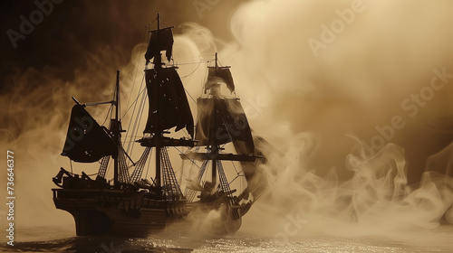 ancient photograph of a old pirate ship from the 1800s sailing the ocean during a battle