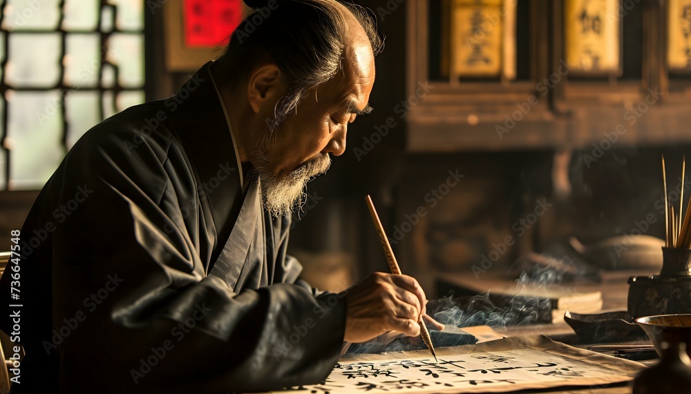 Obraz premium a man sitting at a desk writing on a piece of paper
