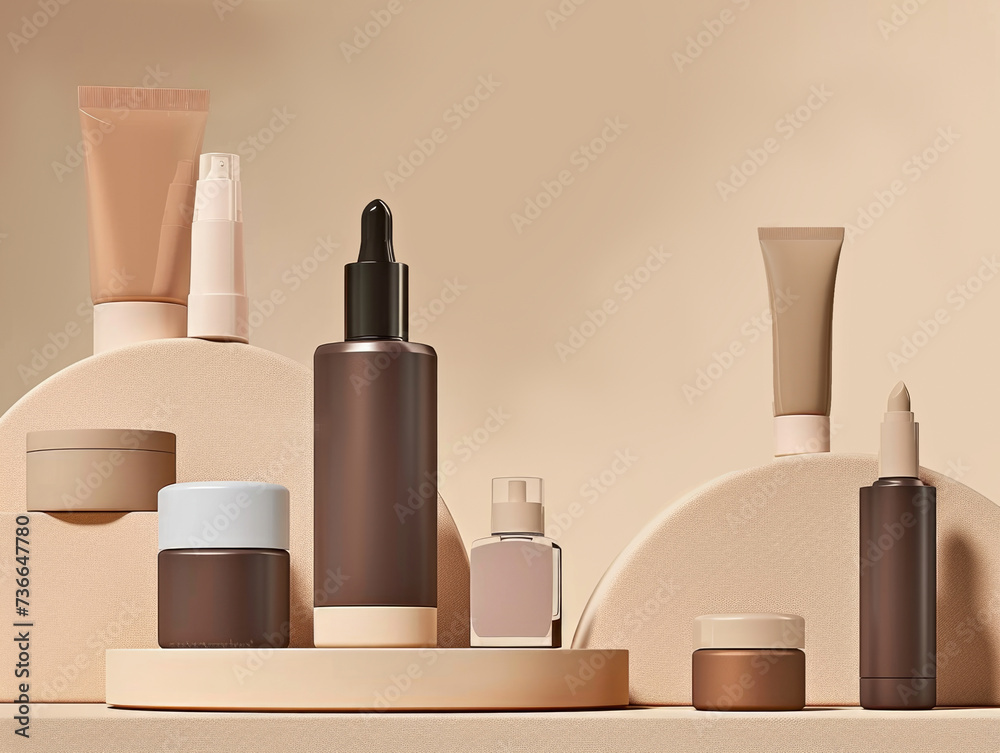 custom made wallpaper toronto digitalA group of cosmetics products sitting on top of a counter. Monochromatic beige podiums with various beauty products.