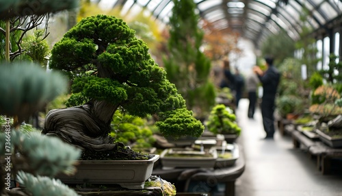 a bonsai tree in a pot in a greenhouse